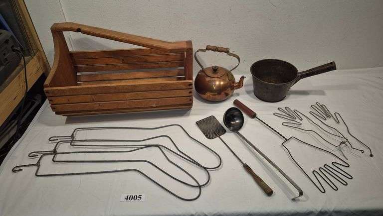 Wood basket, brass kettle, pan, sock forms, glove forms, Etc.