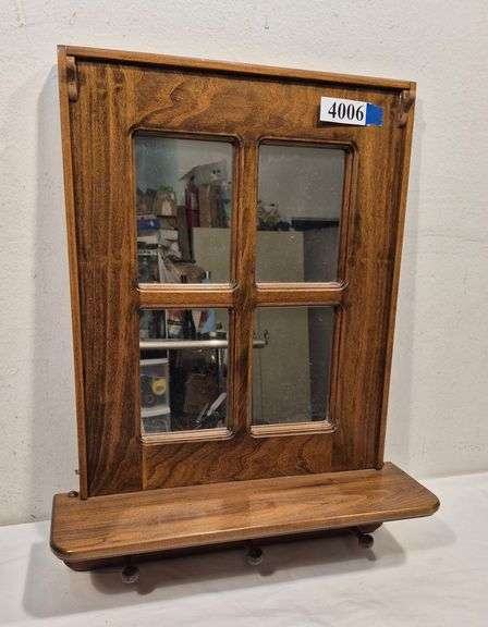 Wood Framed decorator mirror with shelf and pegs