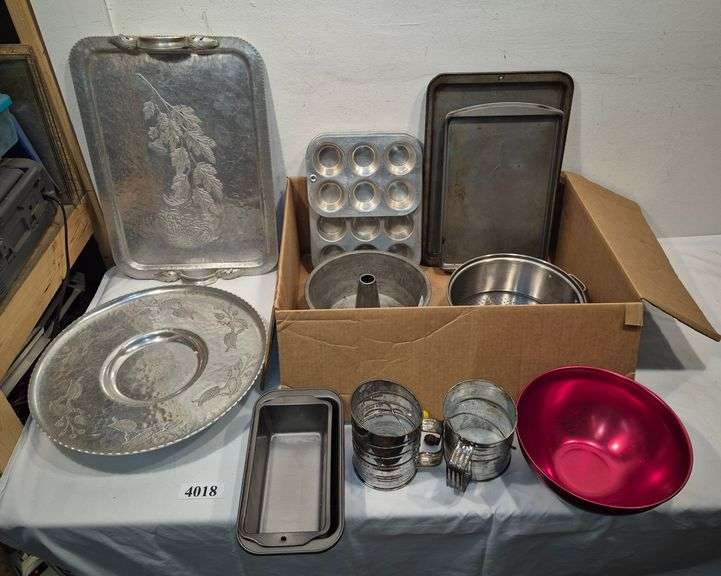 Hammered aluminum tray and lazy susan, sifters, cookie sheets, muffin pans, other pots and pans, red