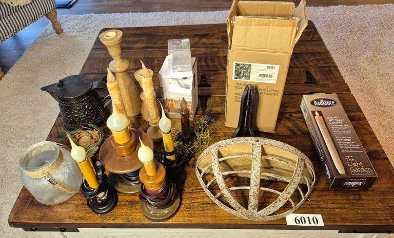 Candle lamps, pierced tin kettle, candle holders, small wall shelf, other decor