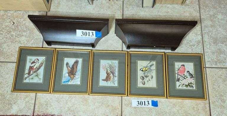 Set of five embroidered framed Bird wall hangings, pair of wall hanging shelves