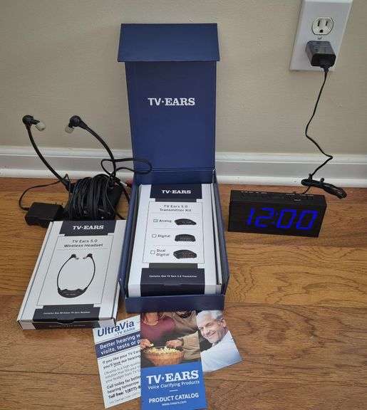 TV Ears transmitter and headphones, alarm clock