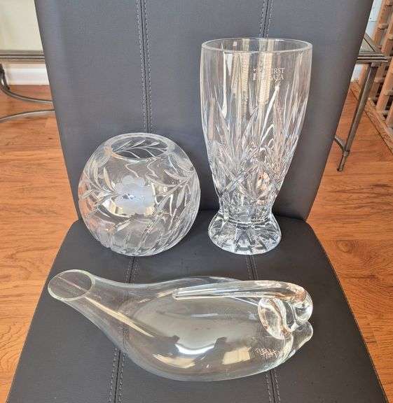 Two Crystal vases, duck wine decanter