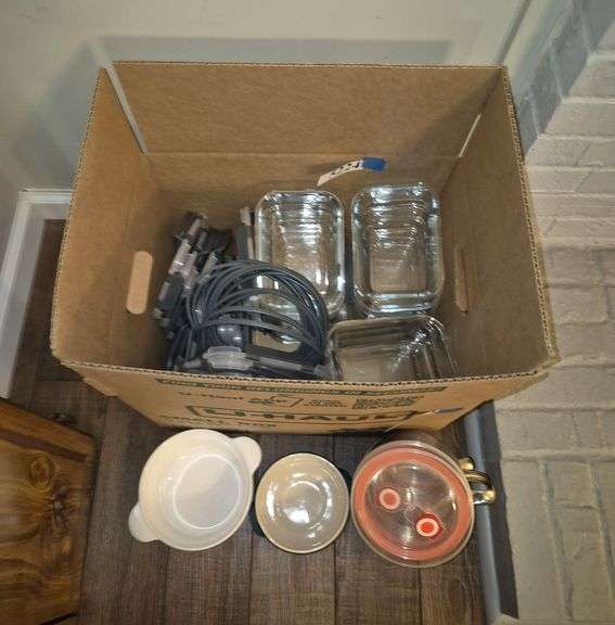Glass food containers with plastic lids, stainless bowls with lids, Etc