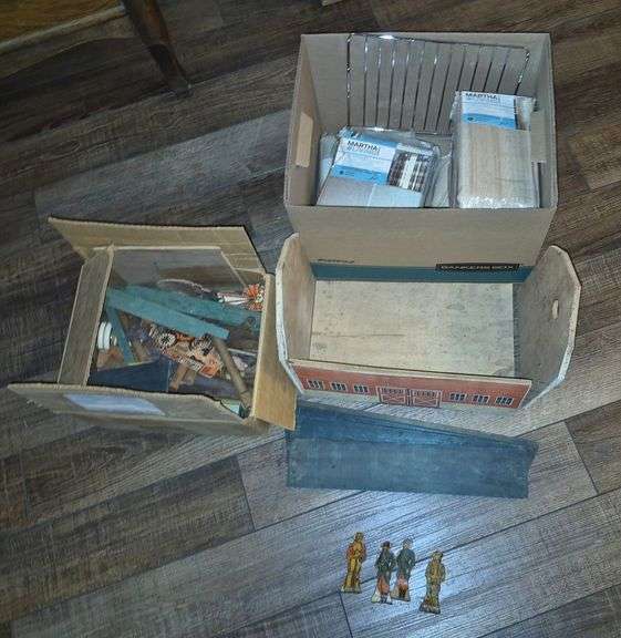 Vintage metal toy soldiers, Lincoln logs, barn, Martha Stewart NIP curtains, etc