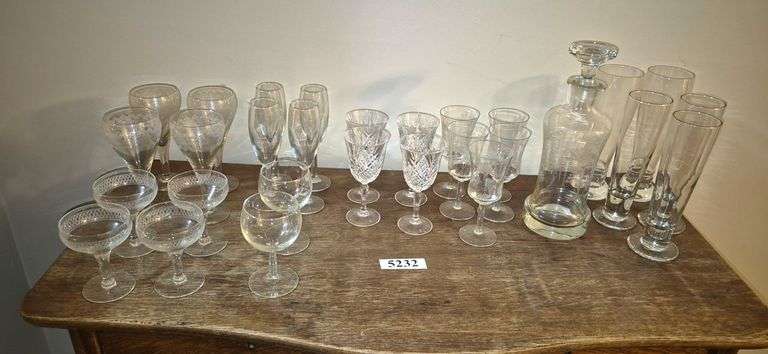 Stemware, etched glass decanter and matching stems, pilsner glasses, Etc