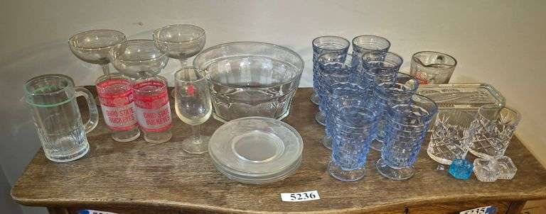 Ohio State glasses, blue footed tumblers, refrigerator dish, individual salt dips, large glass bowl,