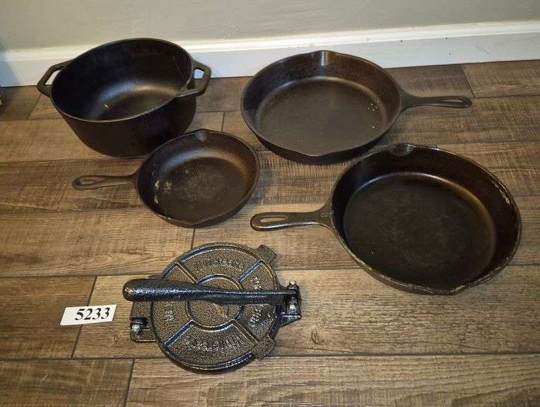 Cast iron skillets, pan, press