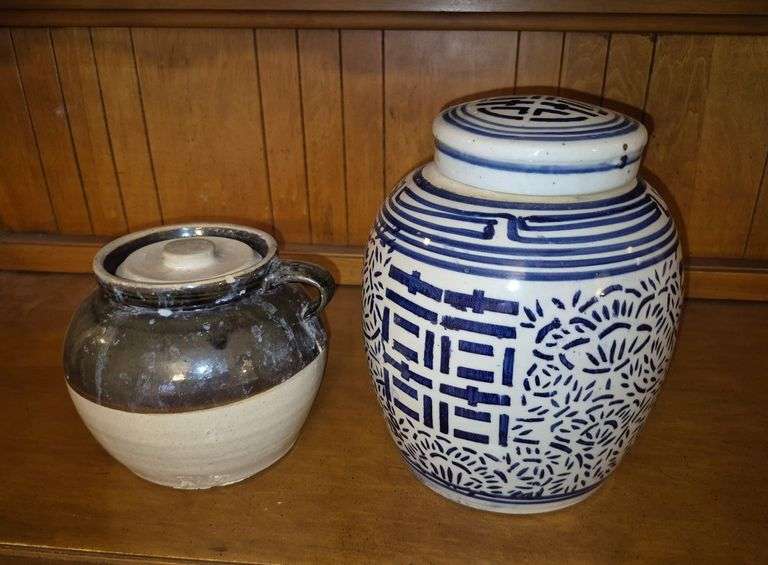 Stoneware Bean pot, blue and white ginger jar
