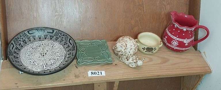 Pottery bowls, snail, tile, pitcher