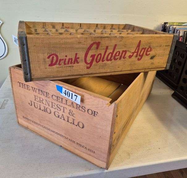 Golden age soda bottle crate, Gallo wine crate