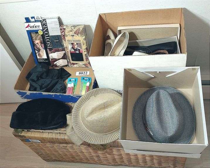 Women's vintage shoes and slip, NIP gloves, scarf and shoe laces, hats