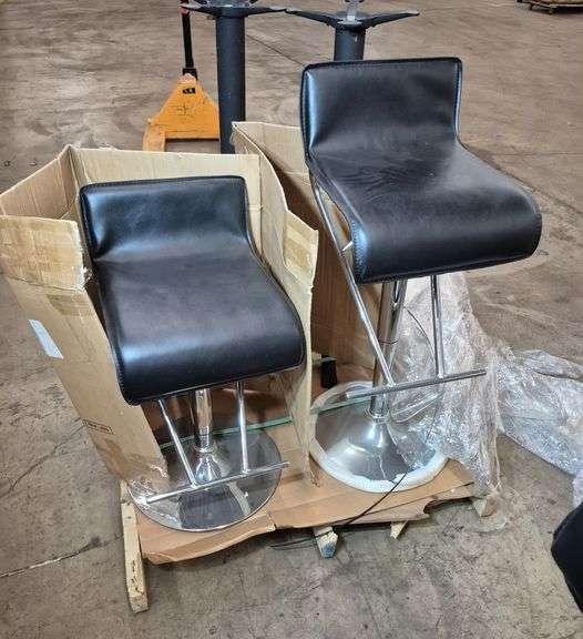 Two black and chrome adjustable height stools, two metal Pub height bases for restaurant tables