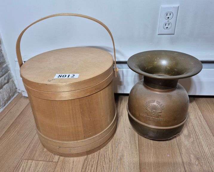 Wood bucket with lid, reproduction brass spittoon