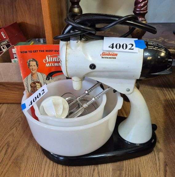 Vintage Sunbeam Mixmaster Stand Mixer with milk glass bowls