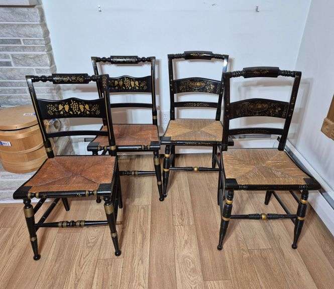 Four stenciled design rush seat chairs
