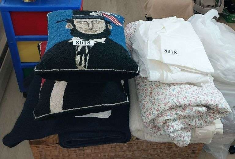 Bedspread, navy wool blanket, George Washington and Abraham Lincoln pillows, blanket and bed pads