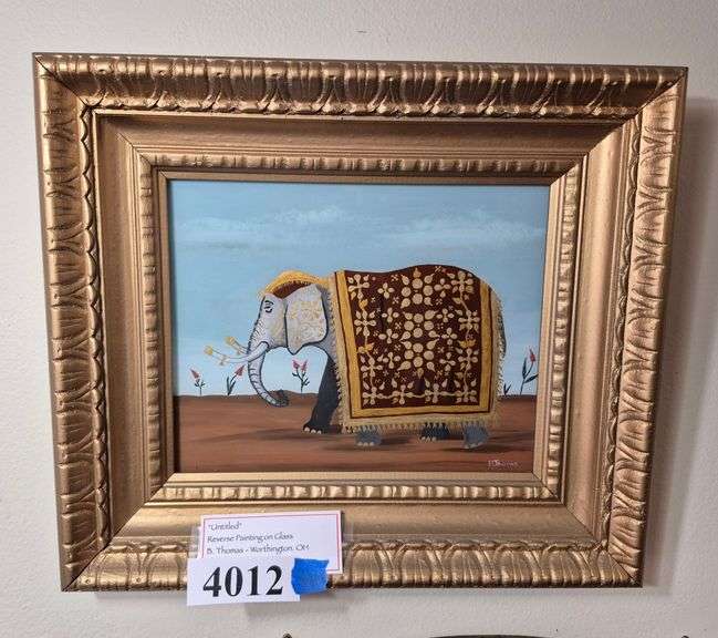Framed artist signed elephant reverse painting on glass