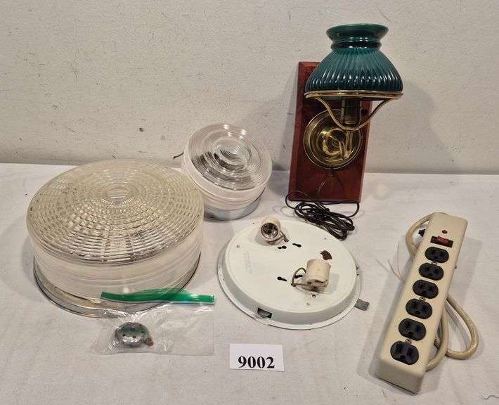 Wall lamp with Green Glass shade, vintage ceiling light fixtures, power strip, Etc