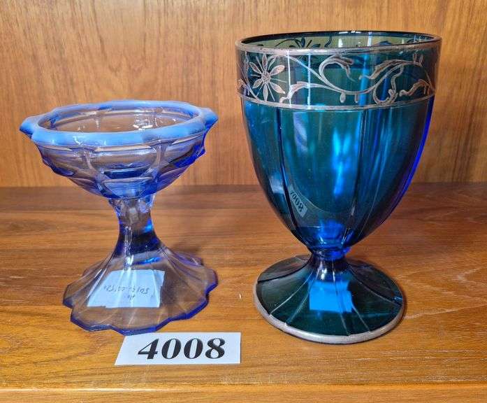 Blue footed vase with silver overlay, blue Fenton candle holder