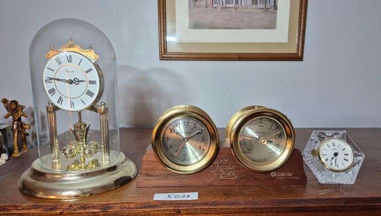 Battery operated anniversary clock, award clock / barometer with wood base, crystal clock
