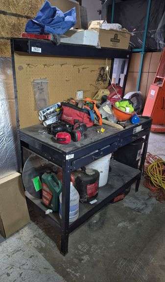 Two drawer workbench with pegboard back, light, Outlets