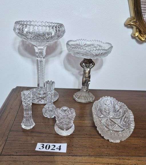 Cut glass compote, press cut compote with metal cherub base, press cut oval bowl, small cut glass va