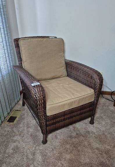 Plastic "wicker" armchair, metal ottoman