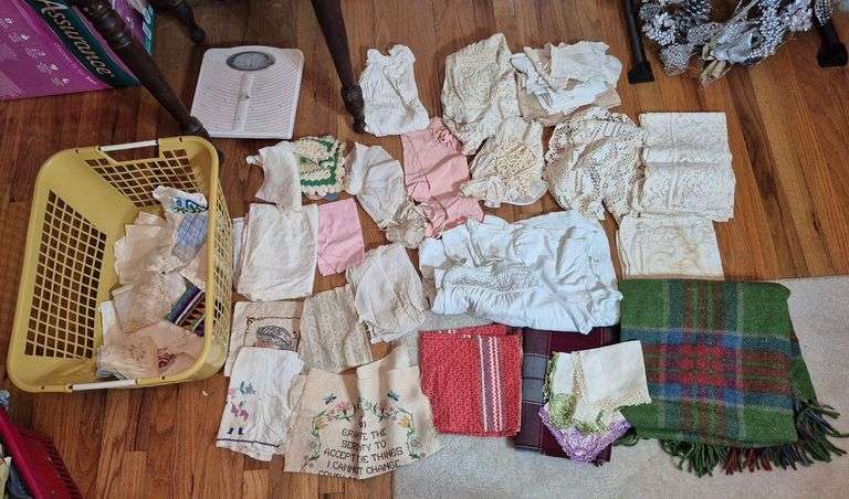 Hankies, napkins, doilies, baby clothes, scarves, blanket, Etc