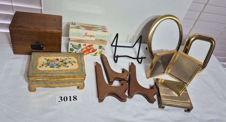 Recipe boxes with recipes, wood dresser box, small brass photo frames, plate racks