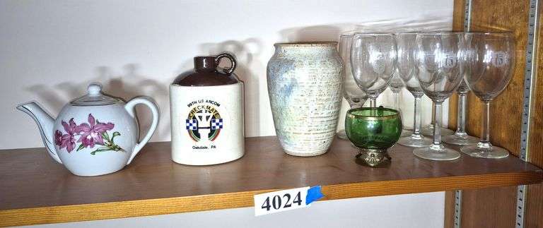 Studio pottery vase, teapot, etched Emerald glass footed cup, souvenir jug, etched stemware