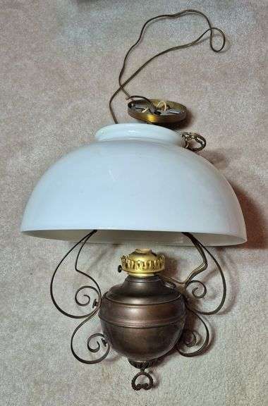 Electrified ceiling hanging oil lamp with milk glass globe