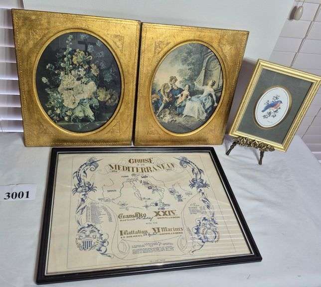 Framed prints, framed Cruise souvenir, small metal table top easel