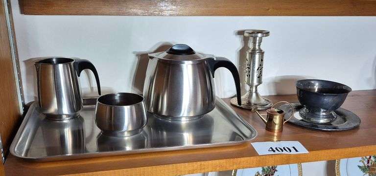 Mid-century Chrome tea set, Silver Plate bowl, plate, and candle holder, miniature brass watering ca