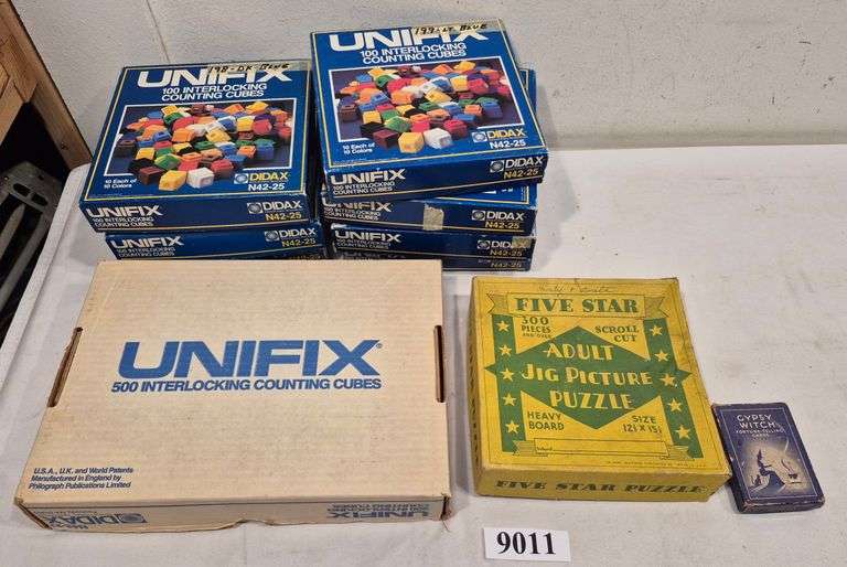 Unifix interlocking Counting cubes, vintage jigsaw puzzle, Gypsy witch fortune-telling cards