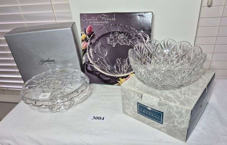 Gorham Crystal pedestal cake plate in box, Royal Crystal Bowl in box, Crystal platter in box