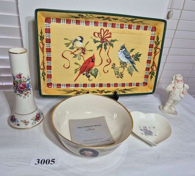 Lenox vase, Christmas bird platter, The Patriots bowl, Santa figurine, Mikasa heart-shaped bowl