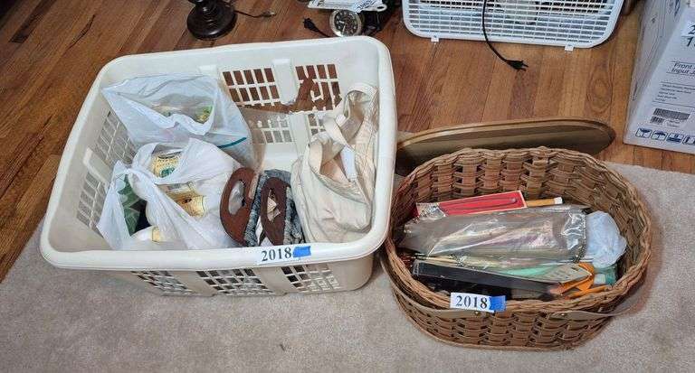 Knitting and needlepoint supplies, sewing basket, Etc