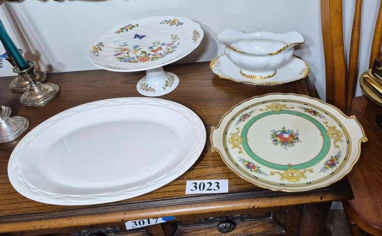 Ainsley pedestal cake plate, gold rim gravy boat, two platters