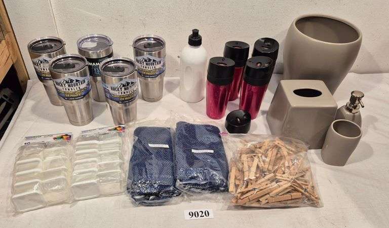 New travel mugs, new food containers, ceramic bath set, clothes pins, Etc