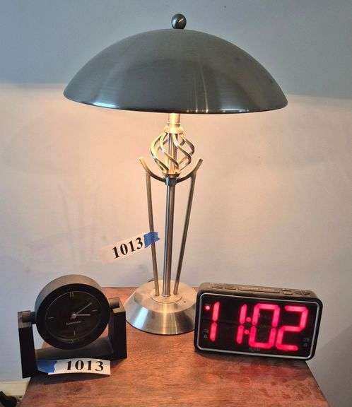 Chrome touch lamp, digital clock radio, small alarm clock
