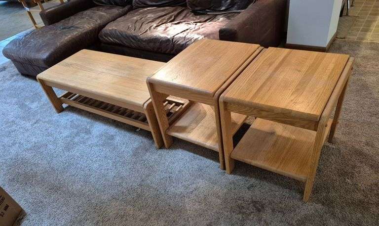 Light Finished Oak coffee and end table set.