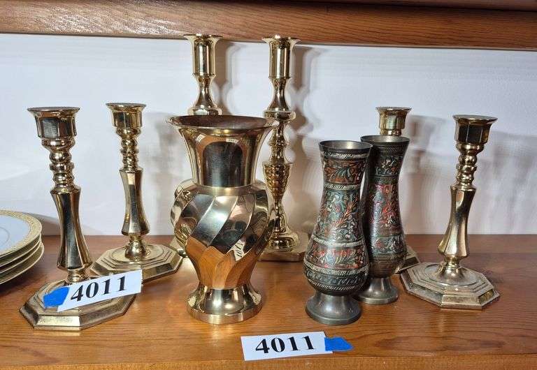 Brass candlesticks, vases