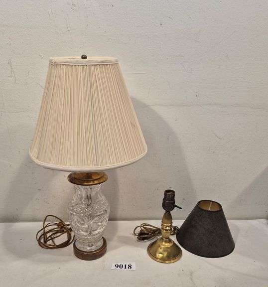 Crystal table lamp with brass accents and shade, small brass accent lamp with black shade