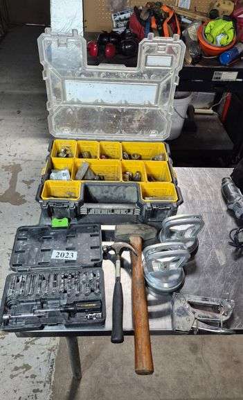 Hardware organizer, hammers, glass suction cups, stapler, socket set