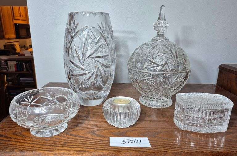 Crystal vase, large and small covered dishes, footed bowl, votive holder