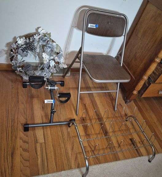 Two Folding chairs, pedal exercise machine, shoe rack, wreath