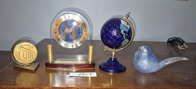 Small inlaid stone globe, blue glass bird paperweight, Globe clock, Battelle award medallion