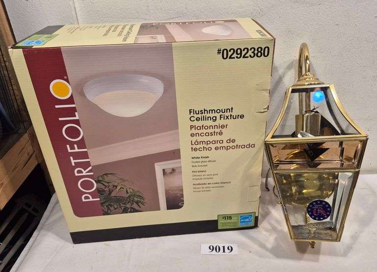 Portfolio flush mount ceiling light fixture in box, brass wall light fixture