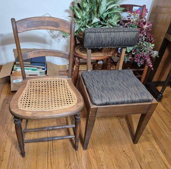 Vintage sewing chair with sewing notions in under-seat storage, antique cane seat chair